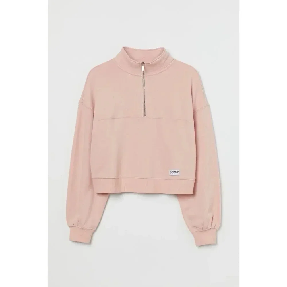 H&M Divided Pink Zip Top Sweatshirt Crop Size Medium Cotton Blend Women’s